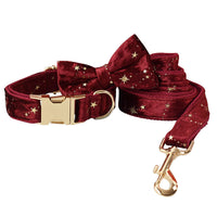 HKM-0274877 Burgundy Star Flannel Dog Collar, Leash, and Bow Tie Set