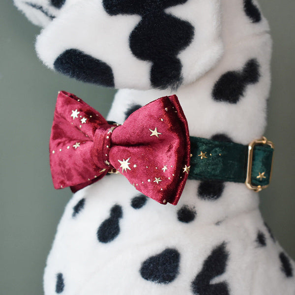HKM-0274877 Burgundy Star Flannel Dog Collar, Leash, and Bow Tie Set