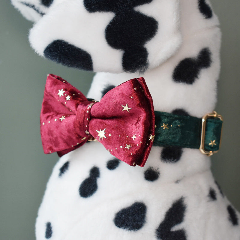 HKM-0274877 Burgundy Star Flannel Dog Collar, Leash, and Bow Tie Set