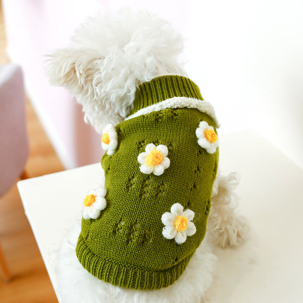 HKM-0276669 Warm and Comfortable Acrylic Sweater for Cats and Dogs - Jacquard Flower Design in Pink and Green