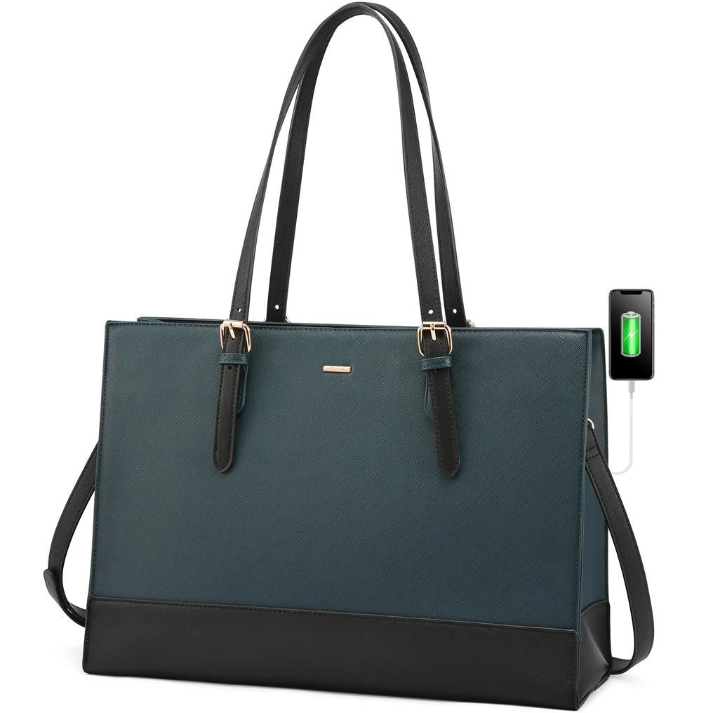 HKM-027667 Large Capacity PU Leather Laptop Tote Bag with USB Port for Business and Office Use