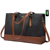 HKM-027667 Large Capacity PU Leather Laptop Tote Bag with USB Port for Business and Office Use
