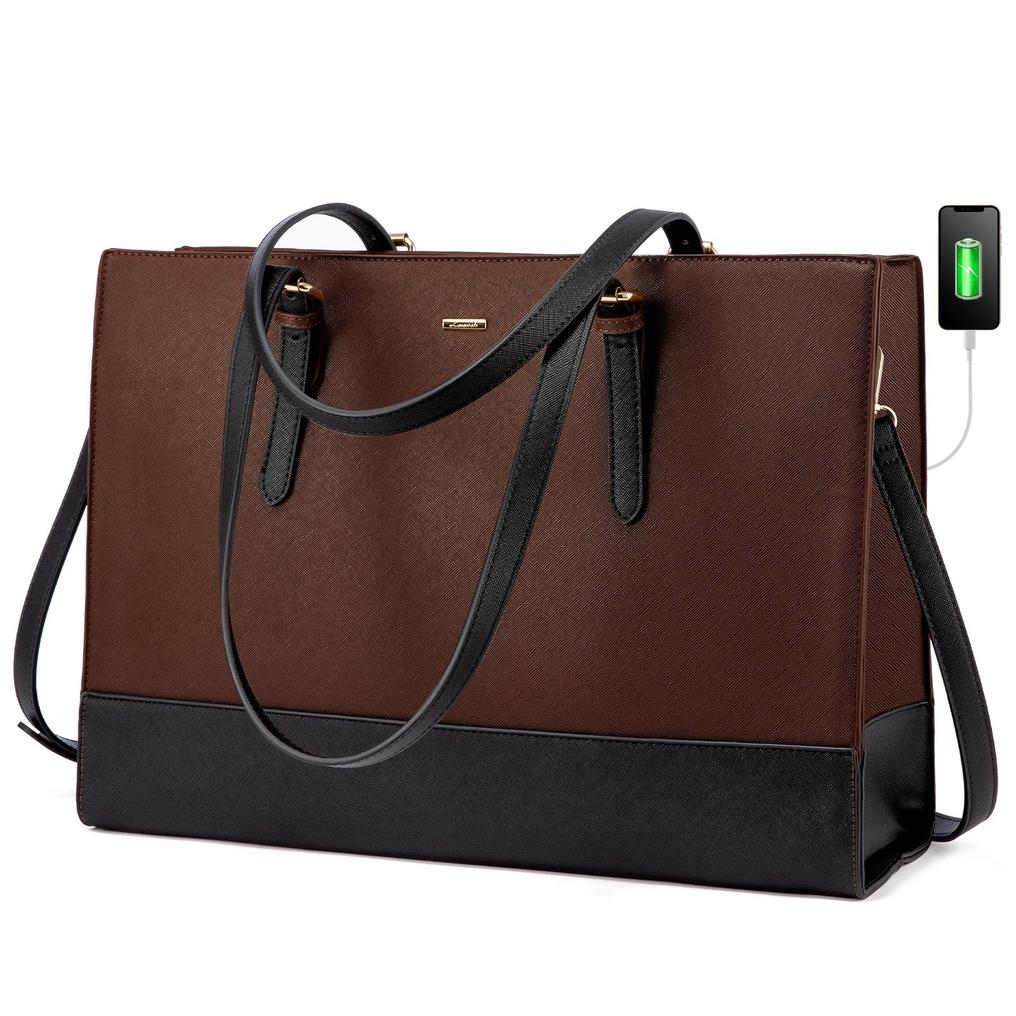 HKM-027667 Large Capacity PU Leather Laptop Tote Bag with USB Port for Business and Office Use