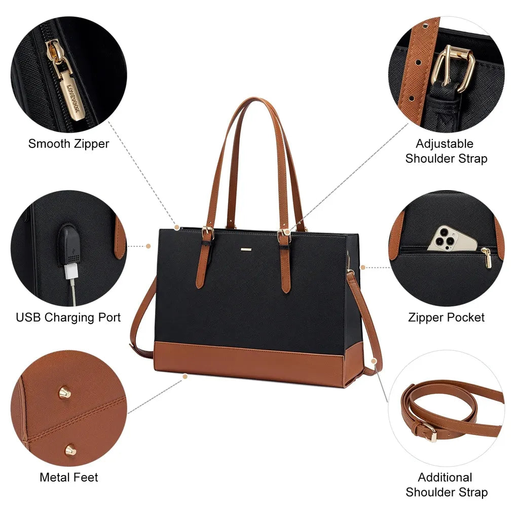 HKM-027667 Large Capacity PU Leather Laptop Tote Bag with USB Port for Business and Office Use