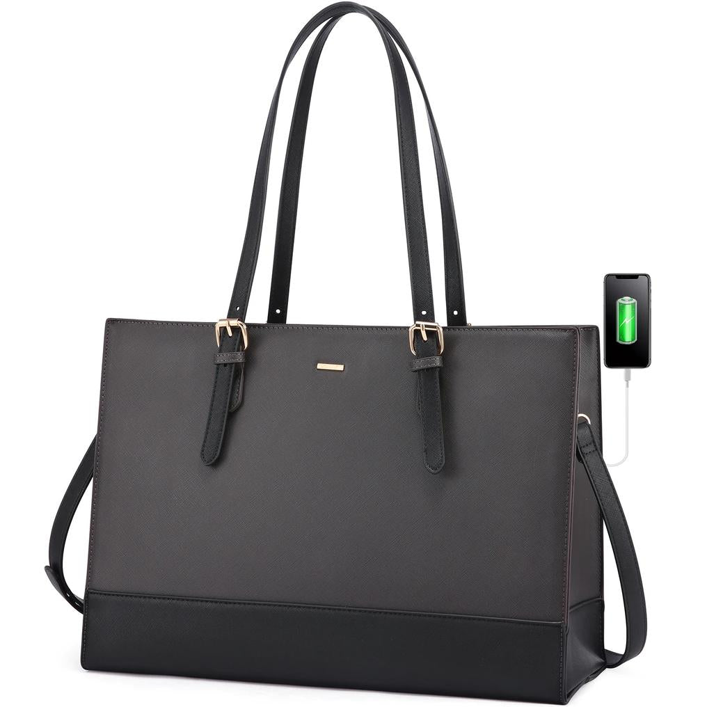 HKM-027667 Large Capacity PU Leather Laptop Tote Bag with USB Port for Business and Office Use