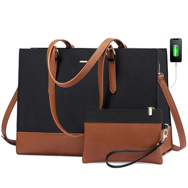 HKM-027667 Large Capacity PU Leather Laptop Tote Bag with USB Port for Business and Office Use