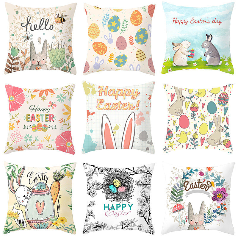 HKM-027795 Easter Floral Print Short Plush Cushion Pillowcase 45x45cm