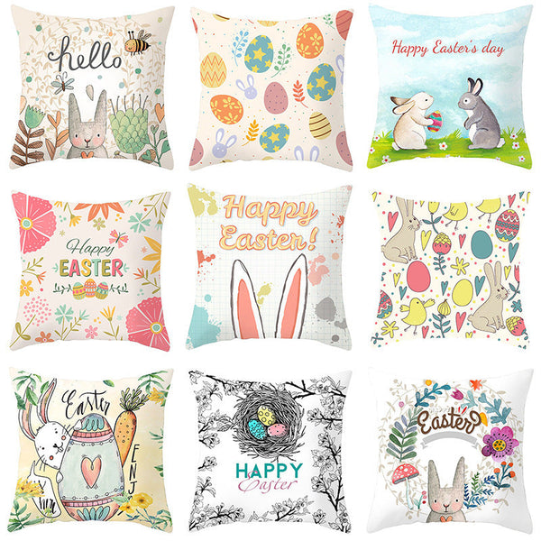 HKM-027795 Easter Floral Print Short Plush Cushion Pillowcase 45x45cm