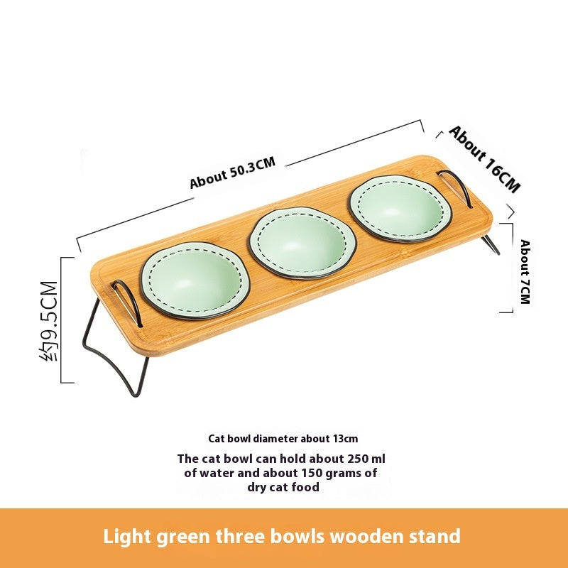 HKM-0278845 Multi-functional Ceramic Cat Bowl with Wooden Rack ¨C Anti-tumble and Easy to Clean
