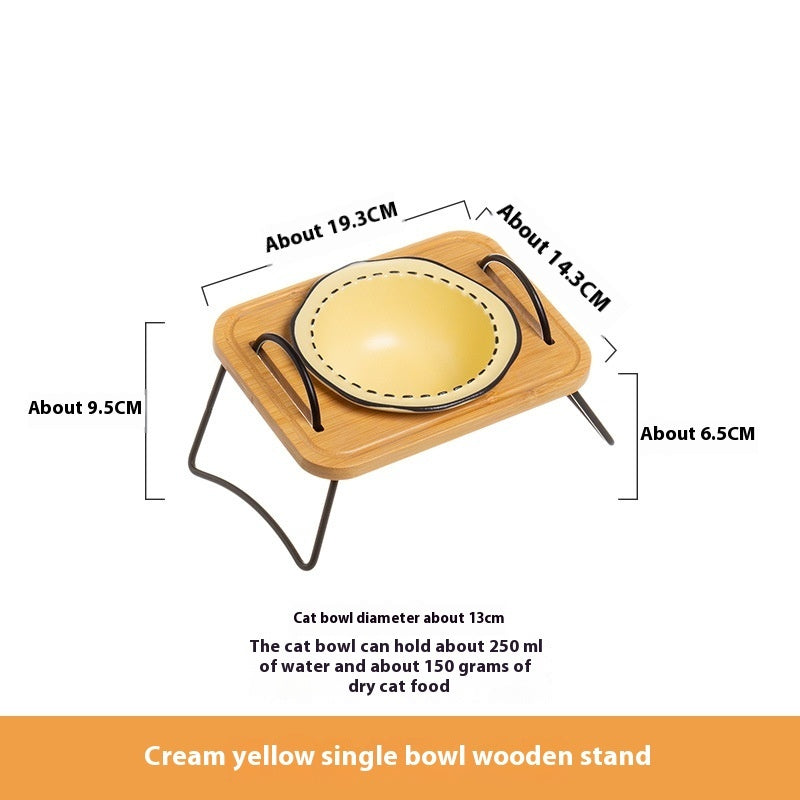 HKM-0278845 Multi-functional Ceramic Cat Bowl with Wooden Rack ¨C Anti-tumble and Easy to Clean