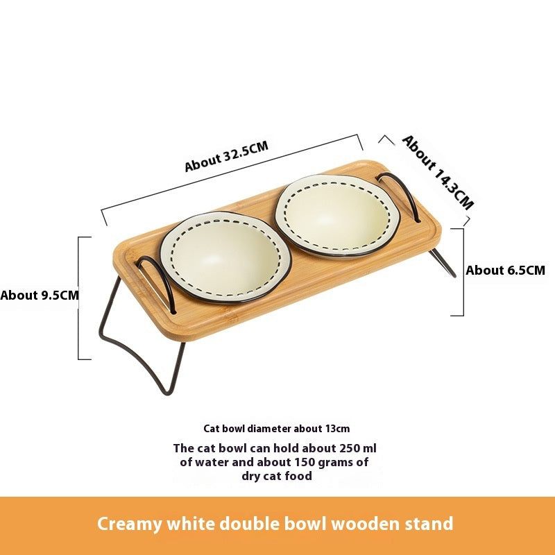 HKM-0278845 Multi-functional Ceramic Cat Bowl with Wooden Rack ¨C Anti-tumble and Easy to Clean