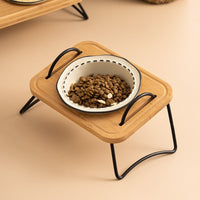 HKM-0278845 Multi-functional Ceramic Cat Bowl with Wooden Rack ¨C Anti-tumble and Easy to Clean
