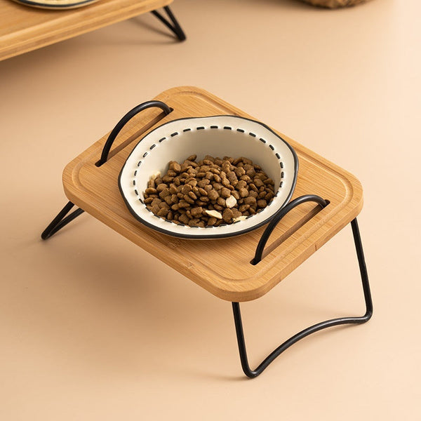 HKM-0278845 Multi-functional Ceramic Cat Bowl with Wooden Rack ¨C Anti-tumble and Easy to Clean