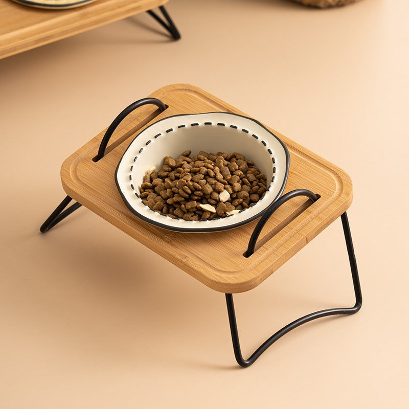 HKM-0278845 Multi-functional Ceramic Cat Bowl with Wooden Rack ¨C Anti-tumble and Easy to Clean