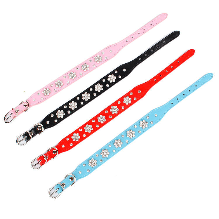 HKM-0280637 Rhinestone Dog Collar in Blue, Black, Red, and Pink - PU Material, Sizes XS to M