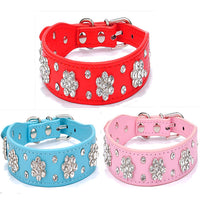 HKM-0280637 Rhinestone Dog Collar in Blue, Black, Red, and Pink - PU Material, Sizes XS to M