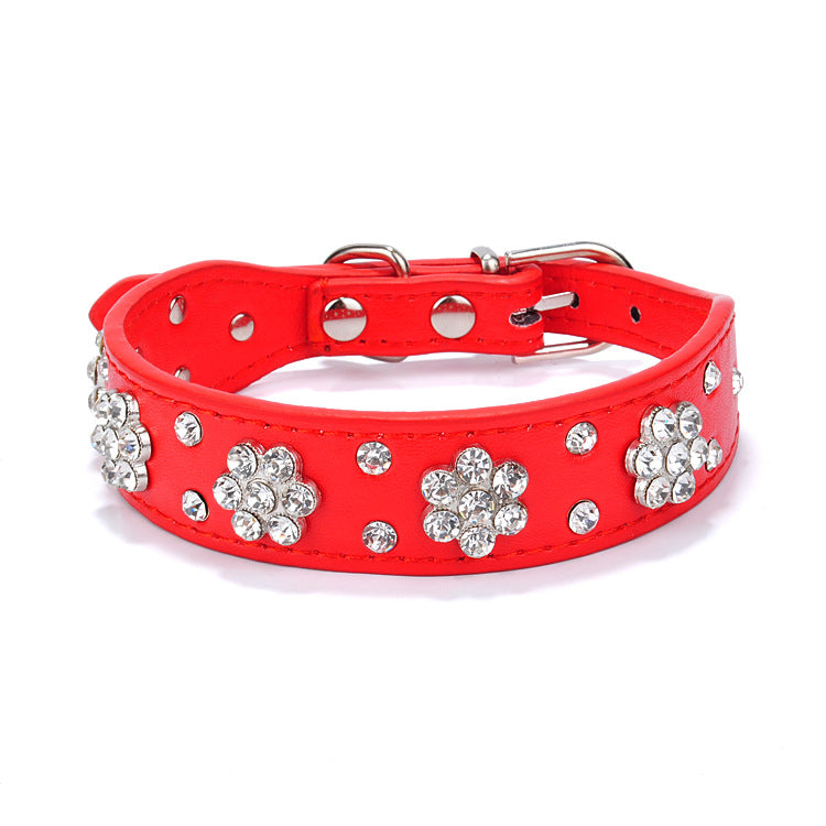 HKM-0280637 Rhinestone Dog Collar in Blue, Black, Red, and Pink - PU Material, Sizes XS to M