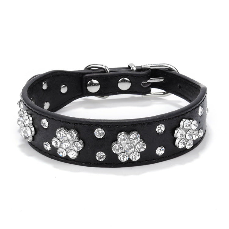 HKM-0280637 Rhinestone Dog Collar in Blue, Black, Red, and Pink - PU Material, Sizes XS to M