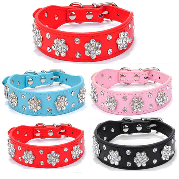 HKM-0280637 Rhinestone Dog Collar in Blue, Black, Red, and Pink - PU Material, Sizes XS to M