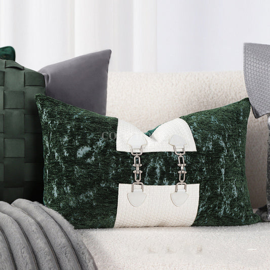 HKM-028115 Retro Green Jacquard Pillowcase in Hand-Woven Leather and Dutch Velvet - Available in 45x45 cm and 30x50 cm