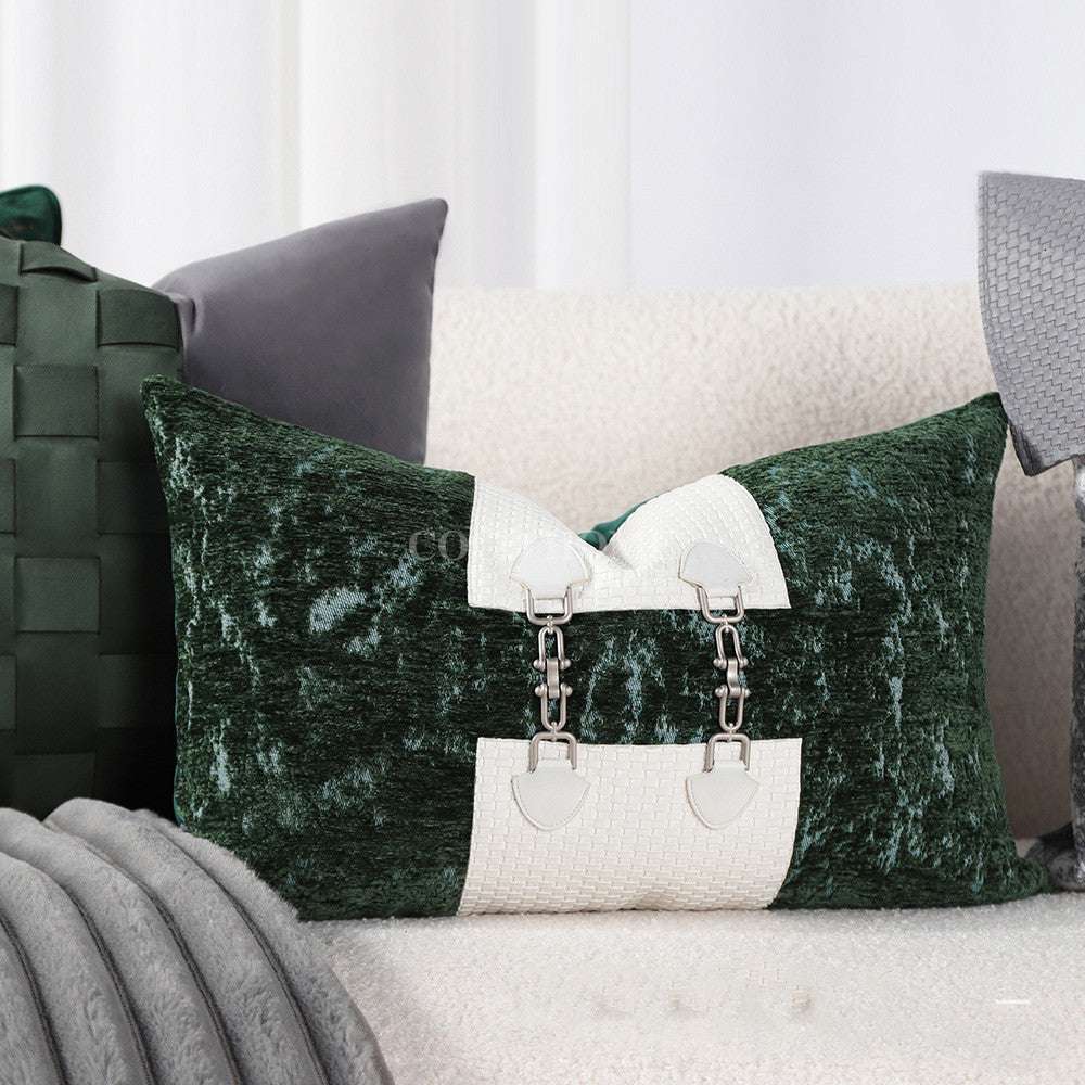 HKM-028115 Retro Green Jacquard Pillowcase in Hand-Woven Leather and Dutch Velvet - Available in 45x45 cm and 30x50 cm