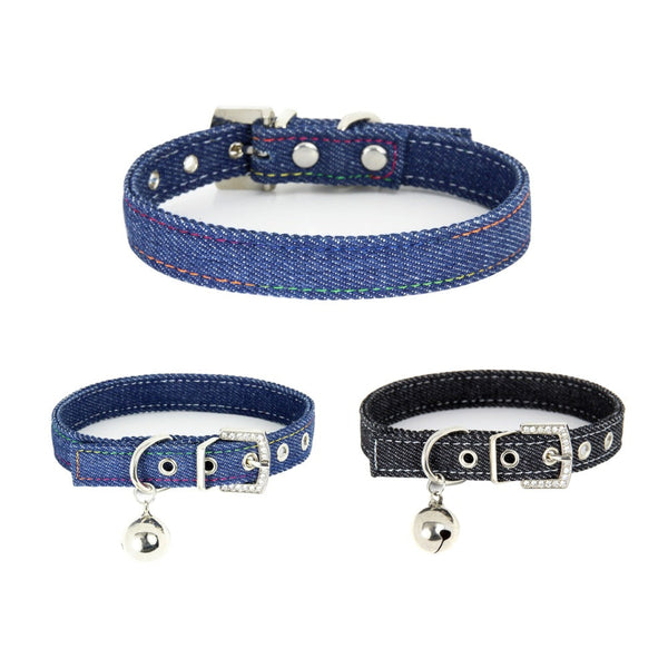 HKM-0286397 Adjustable Denim Cat Collar with Bell - Available in Blue and Black