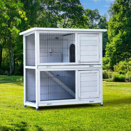 HKM-0288061 Spacious 2-Story Rabbit Hutch with Removable No-Leak Trays and Non-Slip Ramp for Small Animals