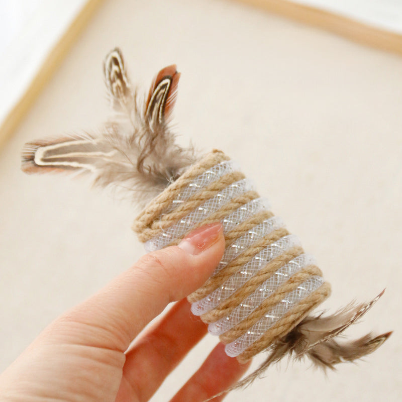 HKM-0291773 Durable Cat Toy with Feather and Hemp Rope for Scratching and Claw Grinding