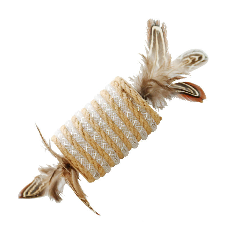 HKM-0291773 Durable Cat Toy with Feather and Hemp Rope for Scratching and Claw Grinding