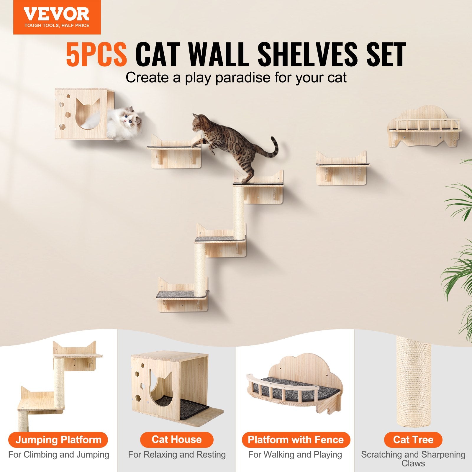 HKM-0293437 Wall Mounted Cat Furniture Set with Jumping Boards, Nest, and Tree for Climbing and Playing