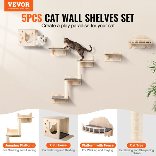 HKM-0293437 Wall Mounted Cat Furniture Set with Jumping Boards, Nest, and Tree for Climbing and Playing