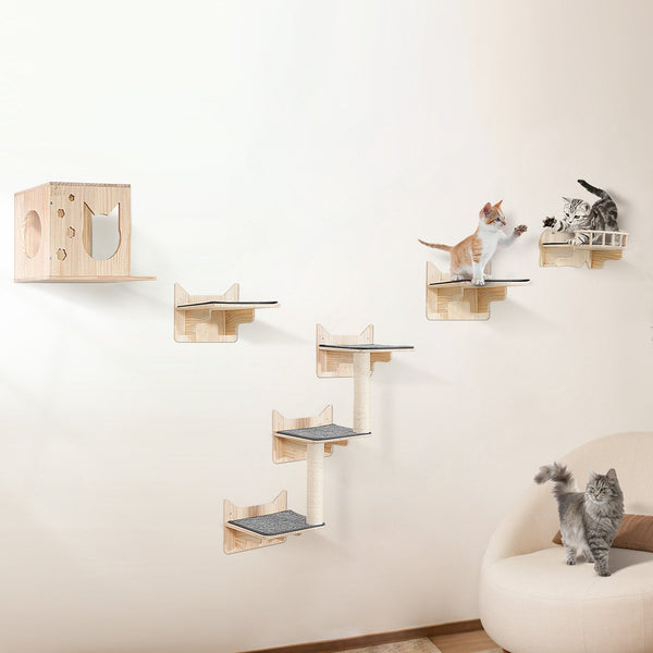 HKM-0293437 Wall Mounted Cat Furniture Set with Jumping Boards, Nest, and Tree for Climbing and Playing