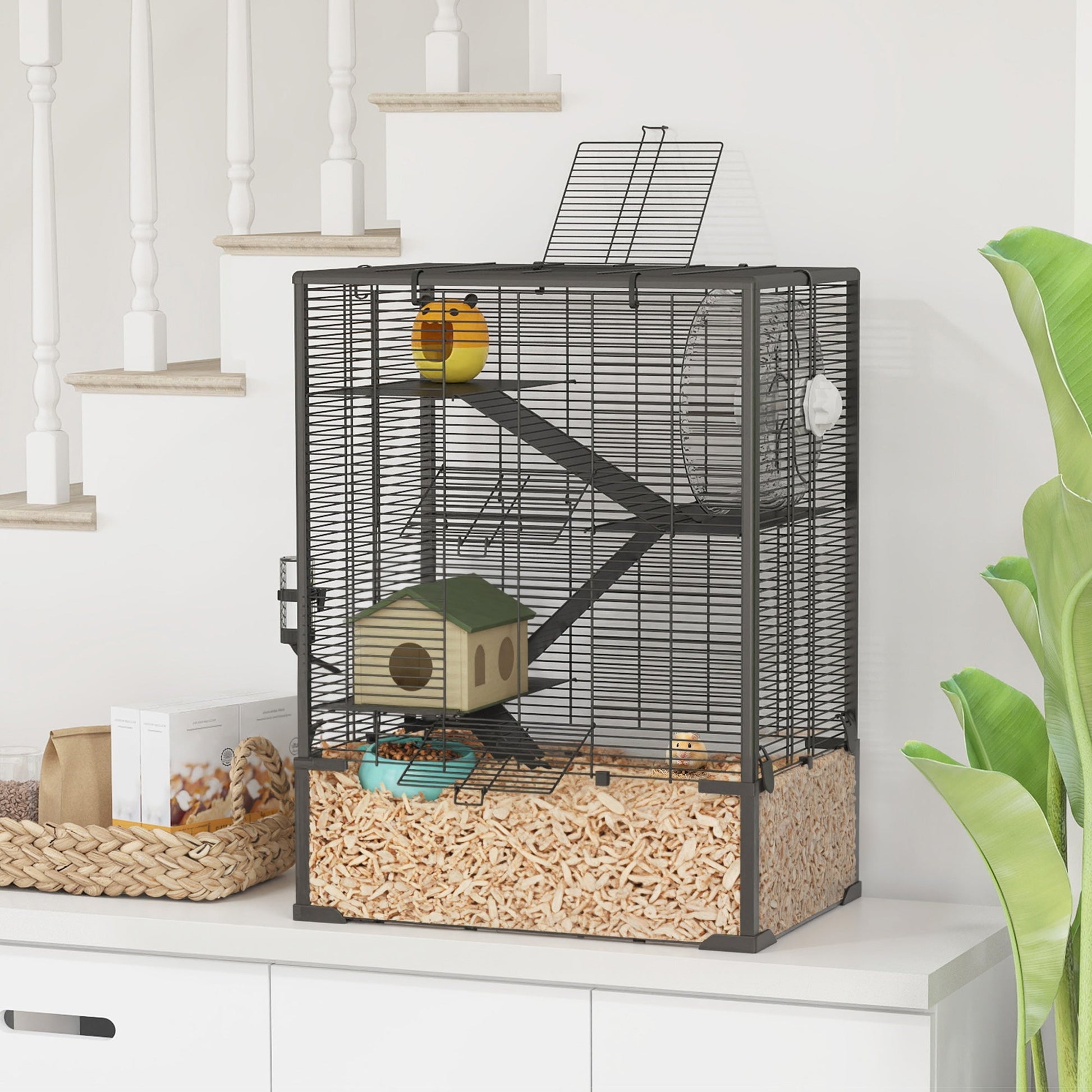 HKM-0293821 4-Tier Hamster Cage with Glass Bottom, Running Wheel, Hut, Food Dish, and Water Bottle - Ideal for Small Animals