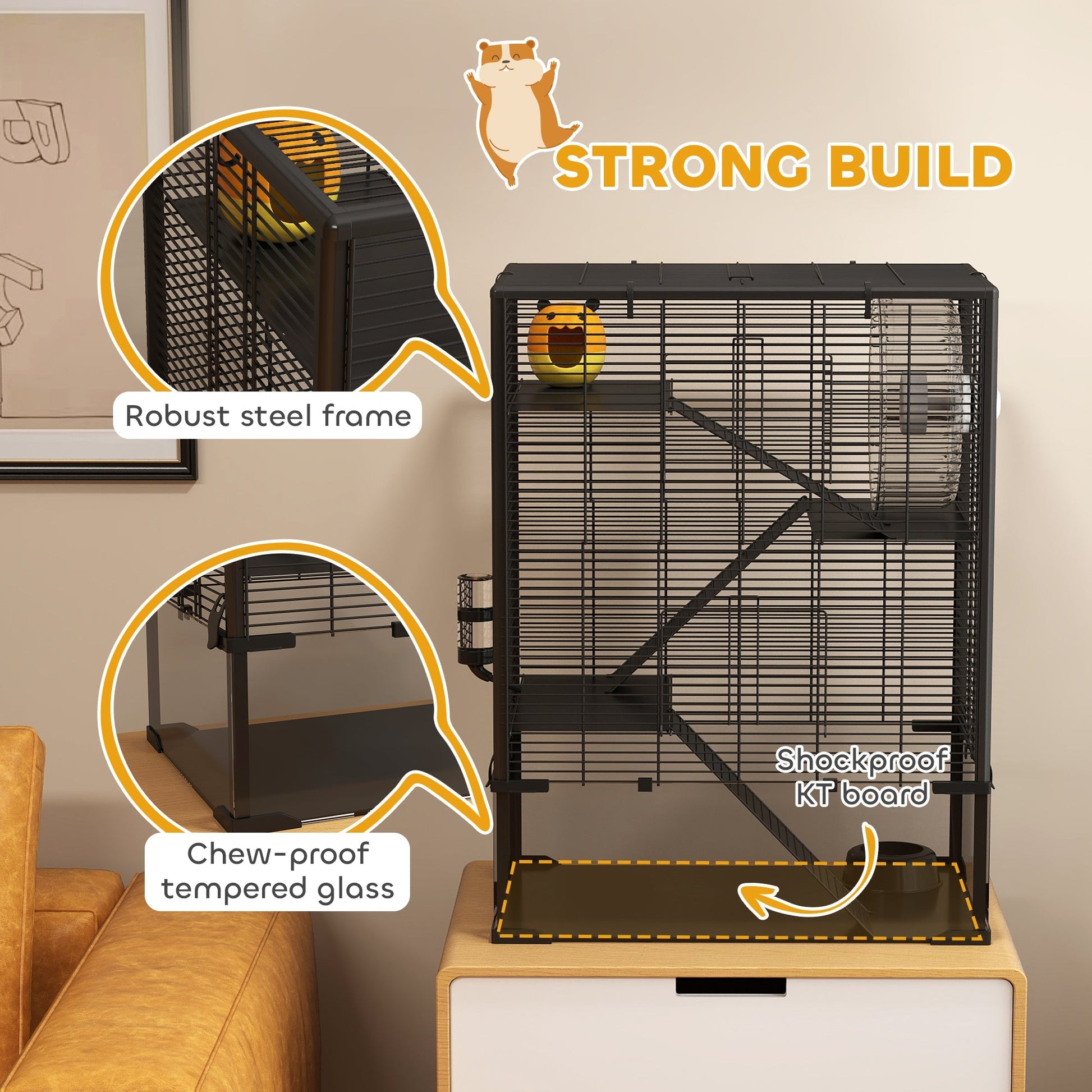 HKM-0293821 4-Tier Hamster Cage with Glass Bottom, Running Wheel, Hut, Food Dish, and Water Bottle - Ideal for Small Animals