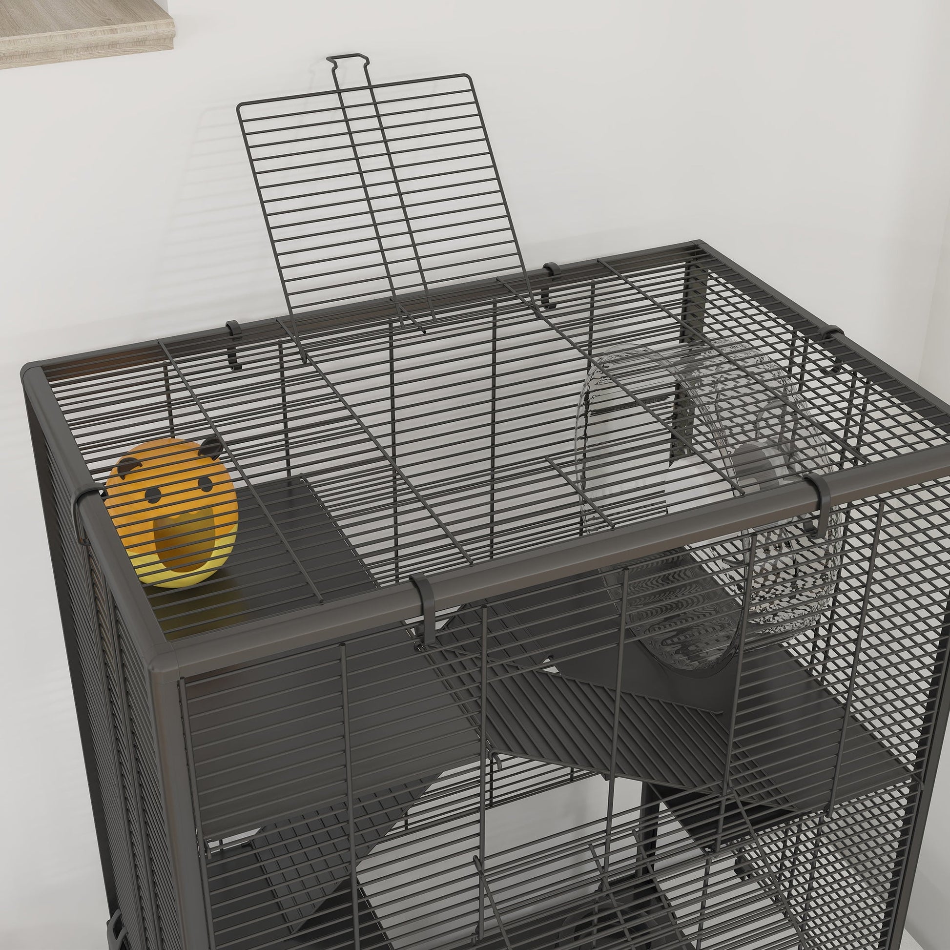 HKM-0293821 4-Tier Hamster Cage with Glass Bottom, Running Wheel, Hut, Food Dish, and Water Bottle - Ideal for Small Animals