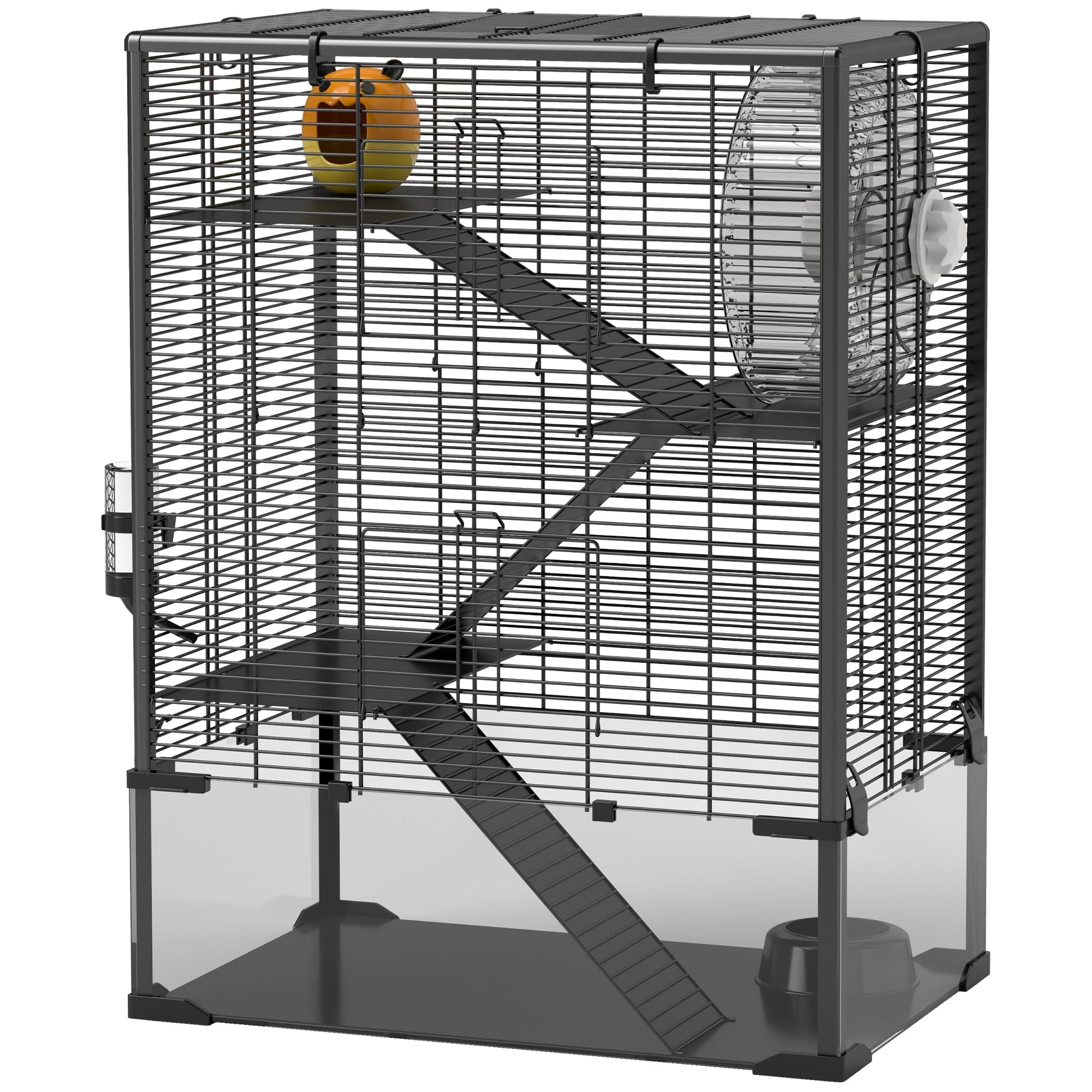 HKM-0293821 4-Tier Hamster Cage with Glass Bottom, Running Wheel, Hut, Food Dish, and Water Bottle - Ideal for Small Animals
