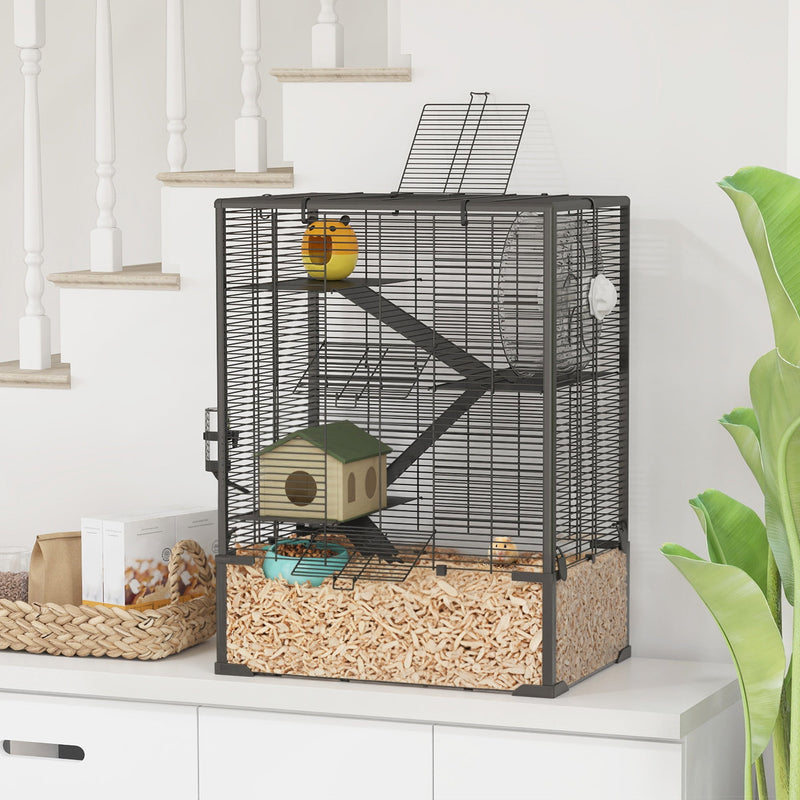 HKM-0293821 4-Tier Hamster Cage with Glass Bottom, Running Wheel, Hut, Food Dish, and Water Bottle - Ideal for Small Animals