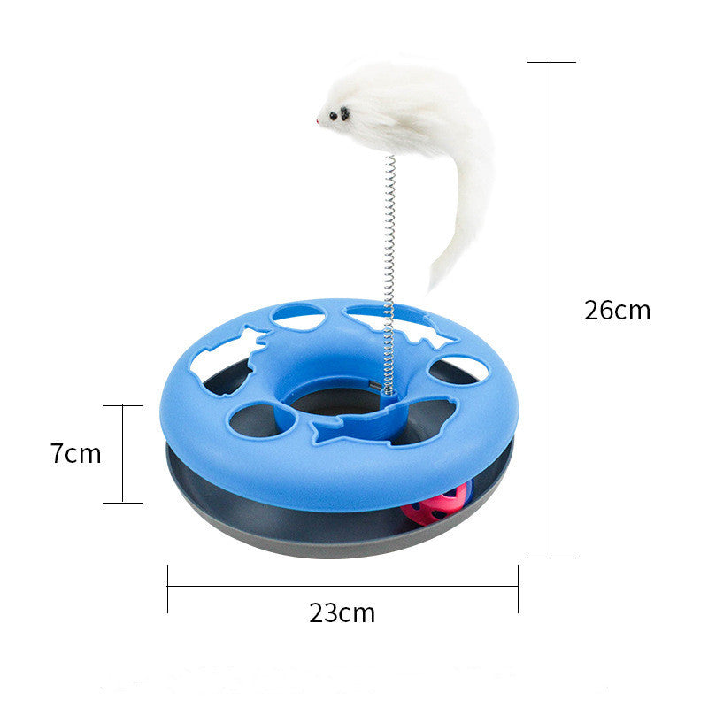 HKM-0300733 Colorful Round Cat Play Tray with Spring-Activated Mouse Toy, 23cm Diameter, Various Colors