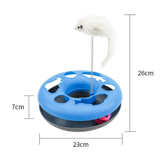 HKM-0300733 Colorful Round Cat Play Tray with Spring-Activated Mouse Toy, 23cm Diameter, Various Colors