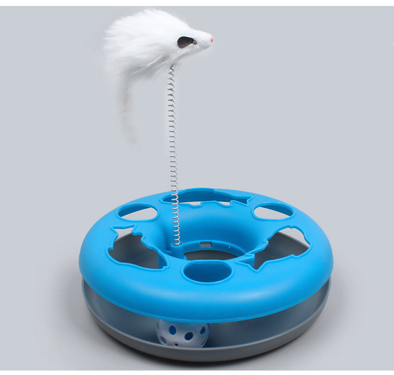HKM-0300733 Colorful Round Cat Play Tray with Spring-Activated Mouse Toy, 23cm Diameter, Various Colors