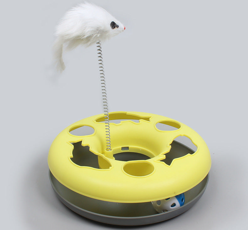 HKM-0300733 Colorful Round Cat Play Tray with Spring-Activated Mouse Toy, 23cm Diameter, Various Colors