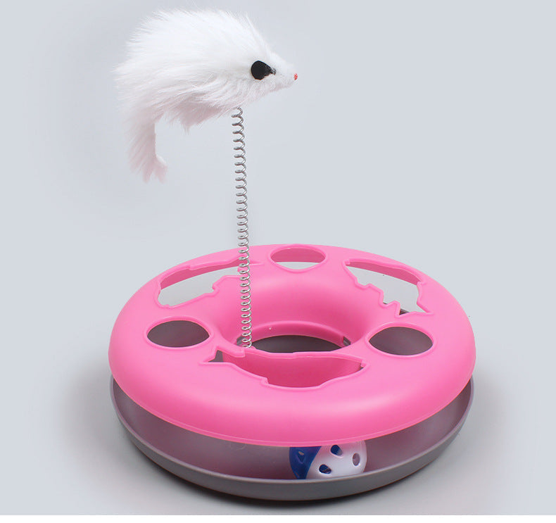HKM-0300733 Colorful Round Cat Play Tray with Spring-Activated Mouse Toy, 23cm Diameter, Various Colors