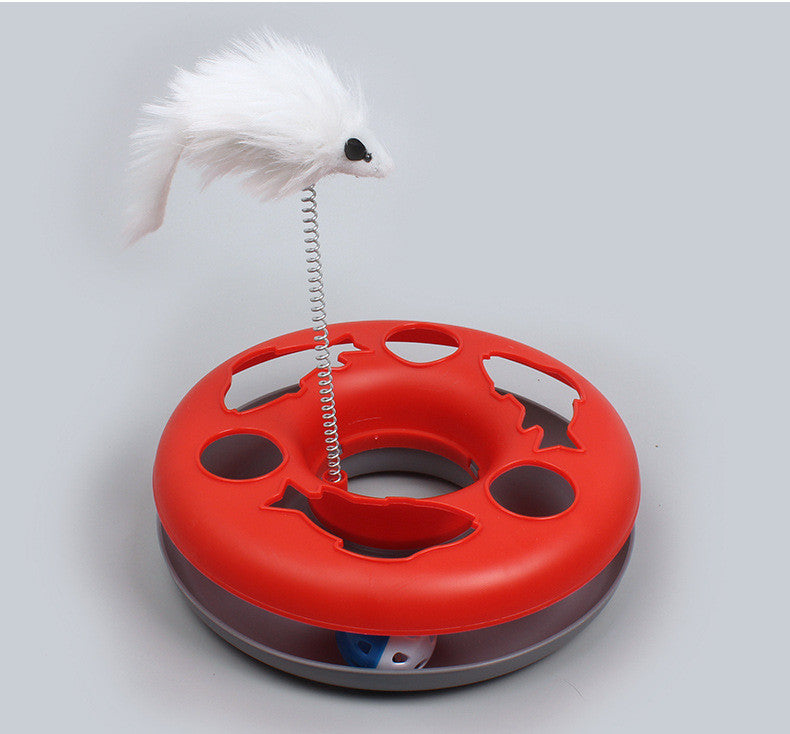 HKM-0300733 Colorful Round Cat Play Tray with Spring-Activated Mouse Toy, 23cm Diameter, Various Colors