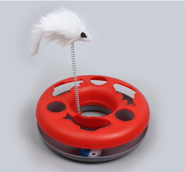 HKM-0300733 Colorful Round Cat Play Tray with Spring-Activated Mouse Toy, 23cm Diameter, Various Colors