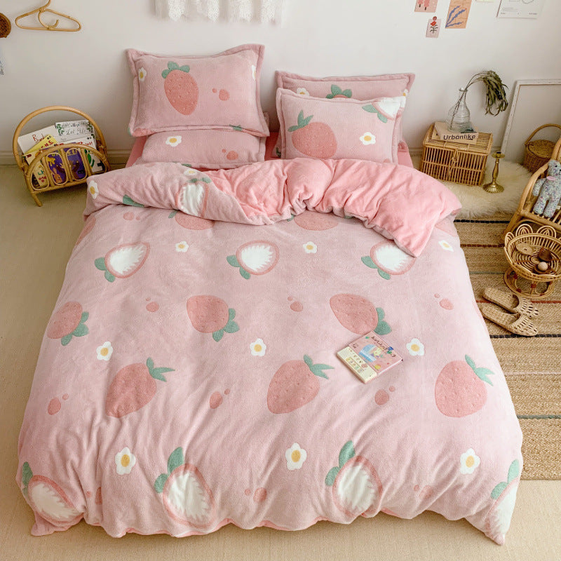HKM-030099 Cartoon Snow Fleece Bedding Set - Thick and Warm 4-Piece Collection in Various Sizes