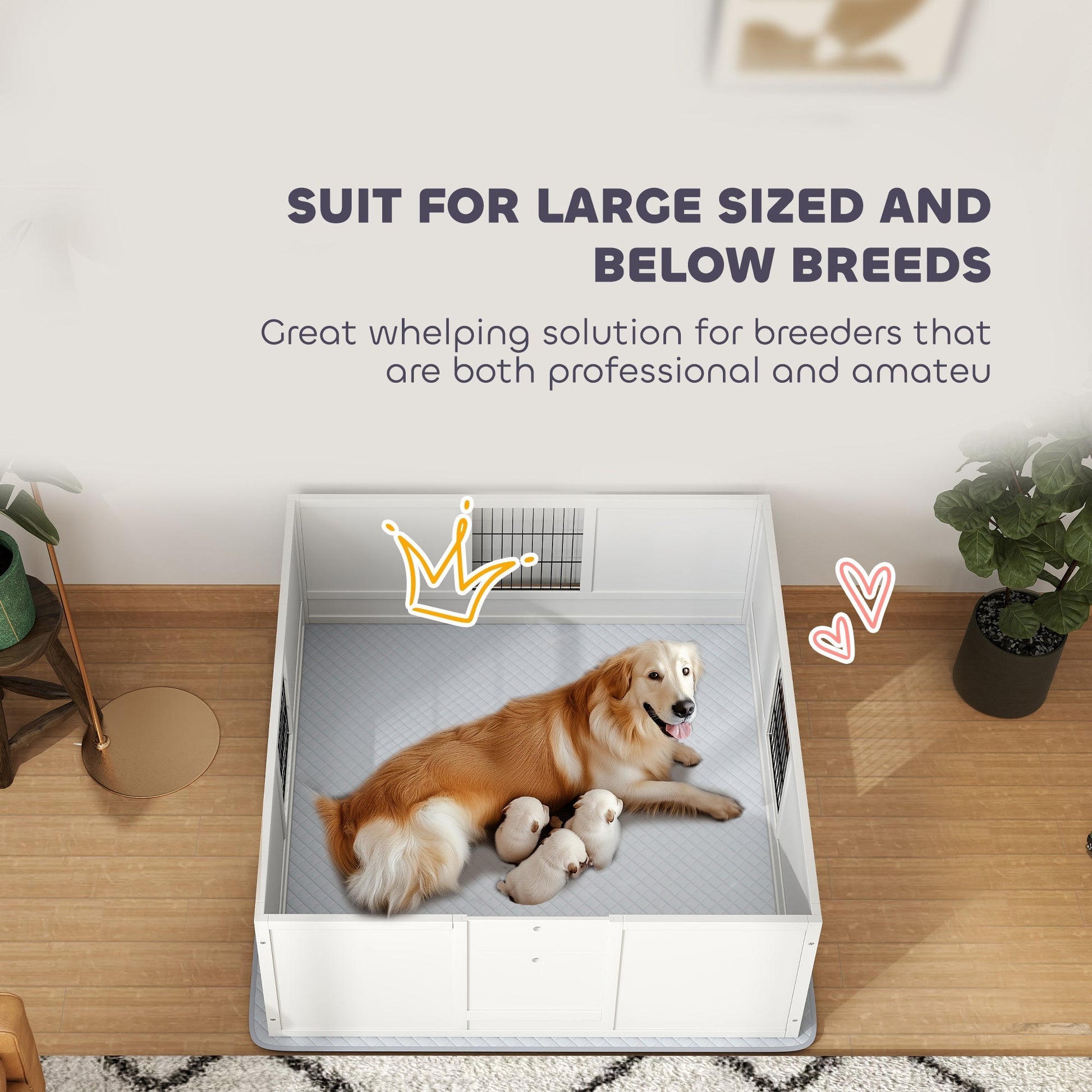 HKM-0301373 Large Dog Whelping Box with Washable Pee Pad and Adjustable Height Door, 49" x 47" x 19"