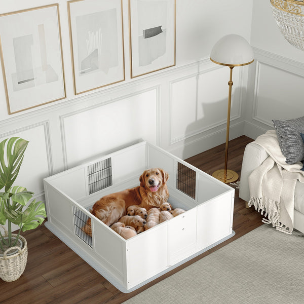 HKM-0301373 Large Dog Whelping Box with Washable Pee Pad and Adjustable Height Door, 49" x 47" x 19"
