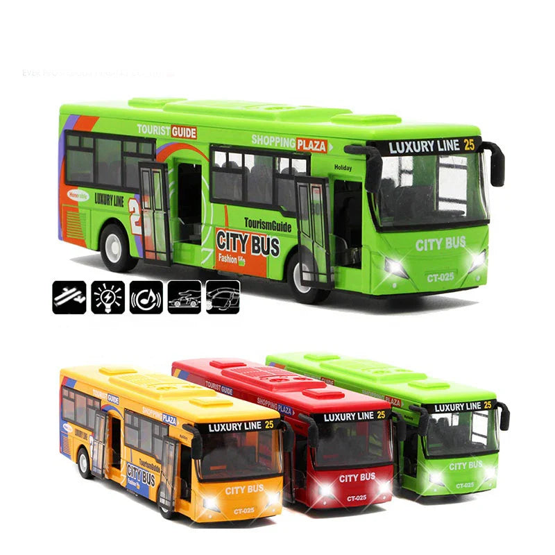 HKM-030227 Alloy Diecast City Light Sound Buses Toy Set for Boys - 6 Pcs Small Model Cars and Trucks