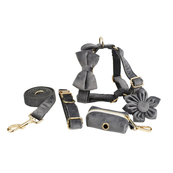 HKM-0304957 Adjustable Dog Fabric Velvet Collar Set with Rope, Bow Knot, Flower, Vest, and Poop Bag