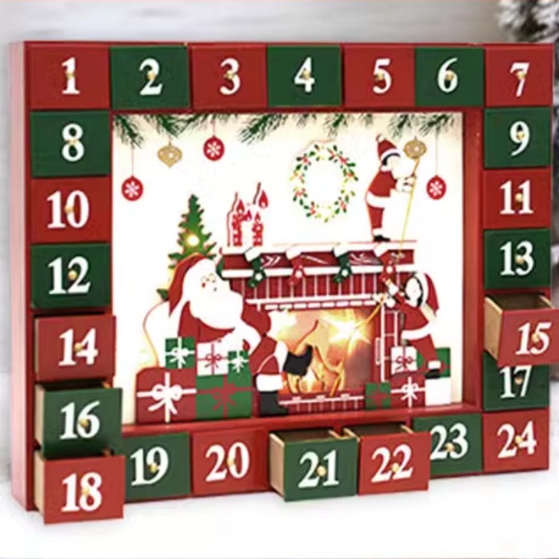 HKM-030547 Christmas Wooden Countdown Calendar Box with Drawers for Holiday Decor